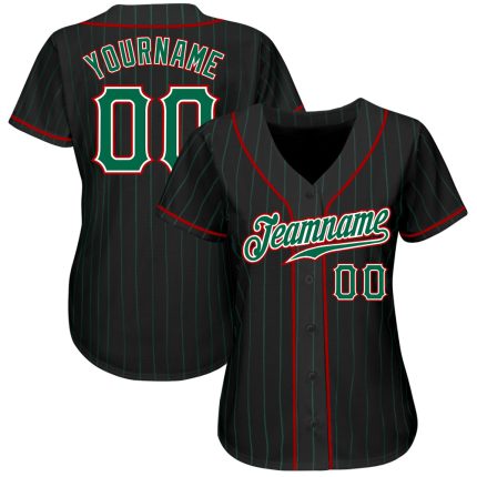 Personalized Custom Baseball Jersey with Name and Number - Black Kelly Green Pinstripe, Authentic Red Design Personalized