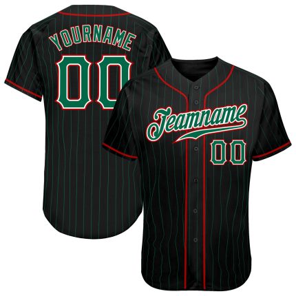 Personalized Black and Kelly Green Pinstripe Baseball Jersey, Red Accents, Custom Name and Number Personalized Black Kelly