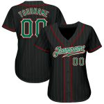Personalized Black and Kelly Green Pinstripe Baseball Jersey, Red Accents, Custom Name and Number Personalized Black Kelly