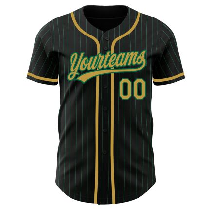 Customizable Black Kelly Green Pinstripe Baseball Jersey with Authentic Old Gold Team Name and Number Personalized Black