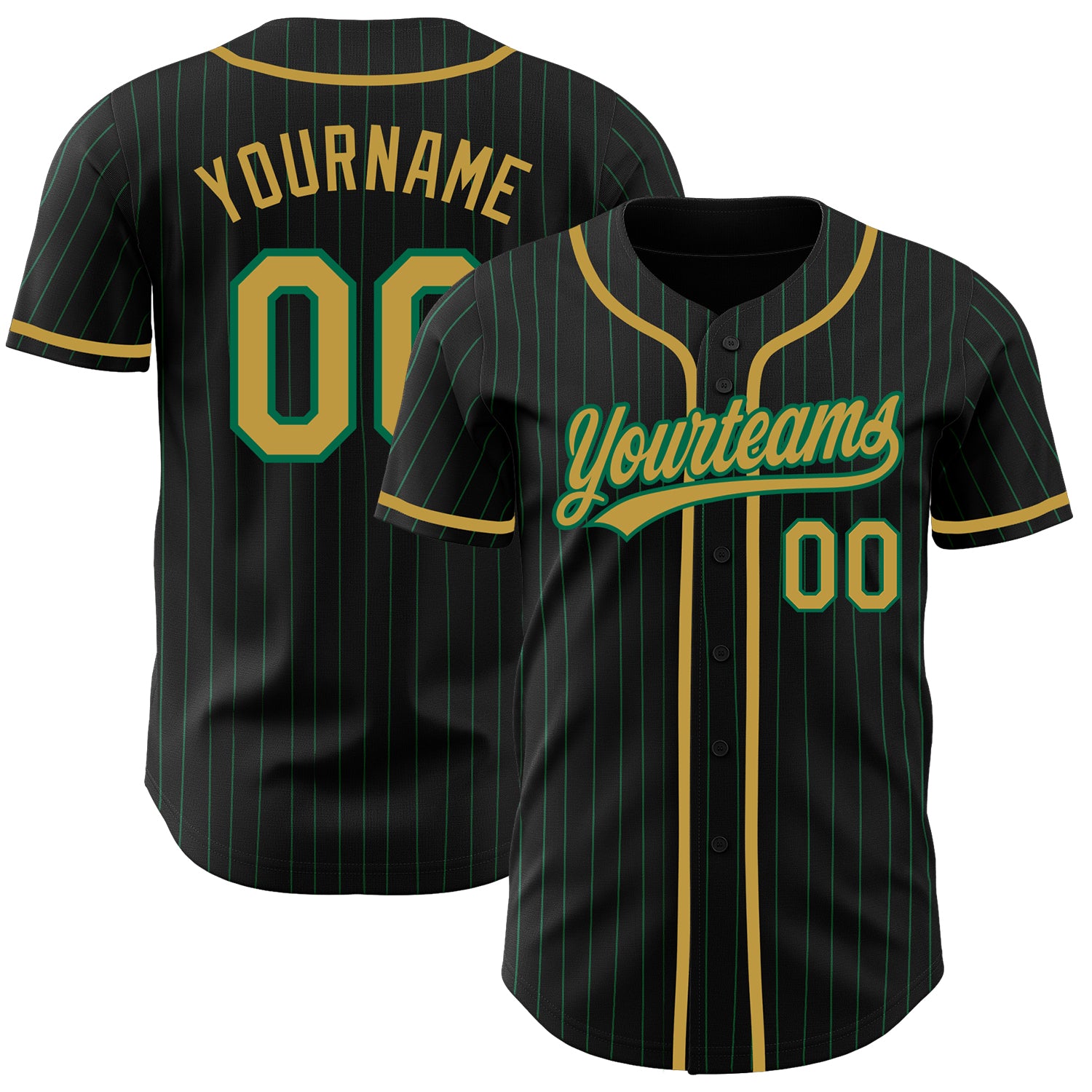 Customizable Black Kelly Green Pinstripe Baseball Jersey with Authentic Old Gold Team Name and Number Personalized Black