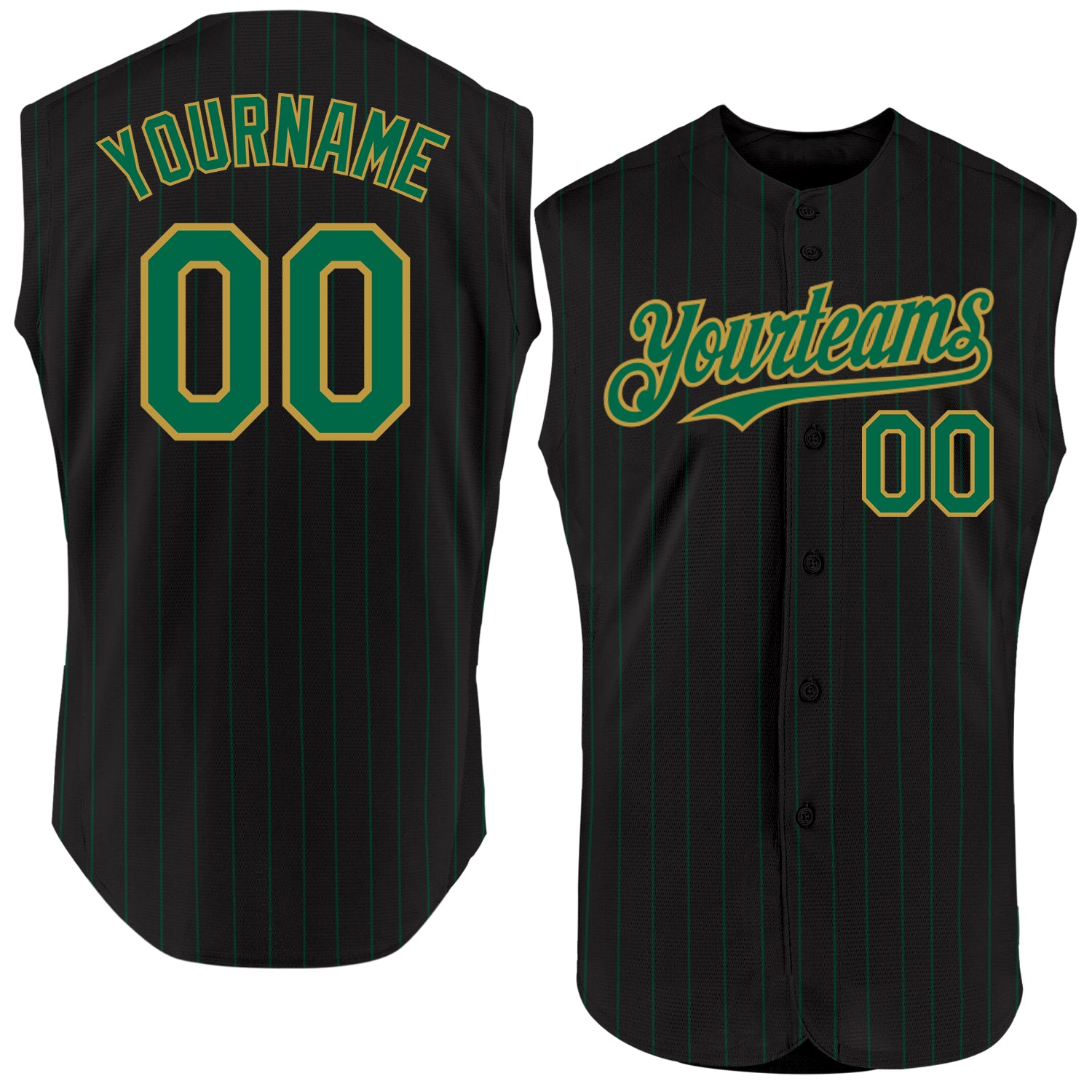 Custom Name and Number Sleeveless Baseball Jersey - Personalized Black and Kelly Green Pinstripe with Old Gold Trim Personalized