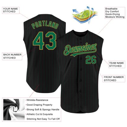 Custom Name and Number Sleeveless Baseball Jersey - Personalized Black and Kelly Green Pinstripe with Old Gold Trim Personalized