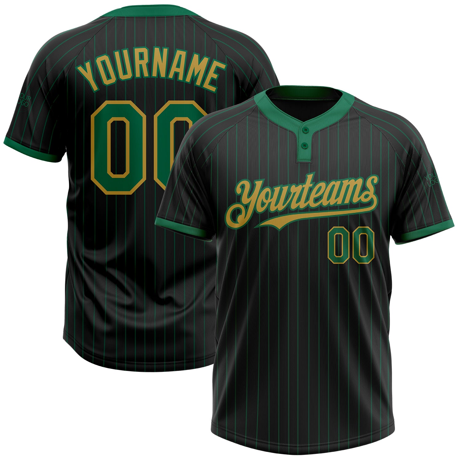 Custom Softball Jersey Unisex Two-Button Black Kelly Green Old Gold Pinstripe with Personalized Name and Number Personalized