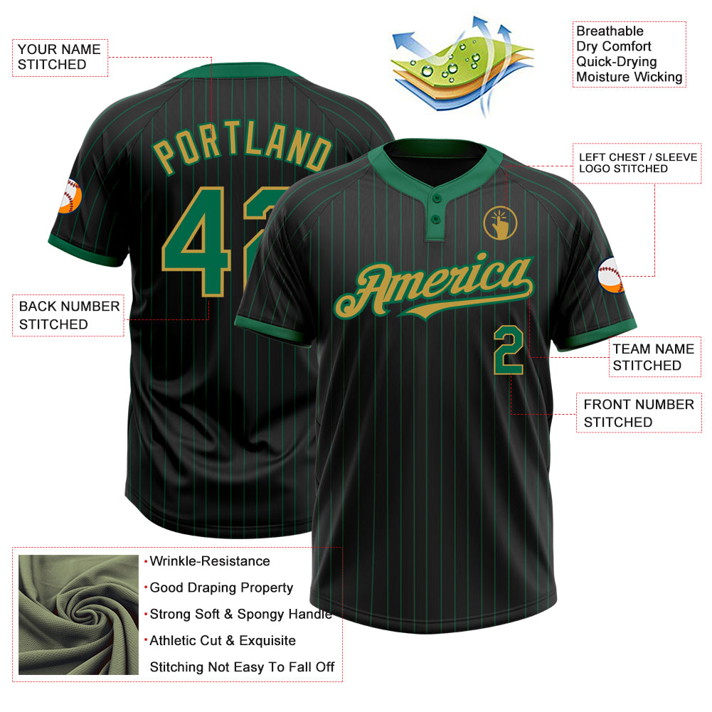 Personalized Black Kelly Green Pinstripe Old Gold Two-Button Unisex Softball Jersey Team Custom Name and Number Custom Softball Jersey Unisex Two-Button Black Kelly Green Old Gold Pinstripe with Personalized Name and Number Personalized - Image 3