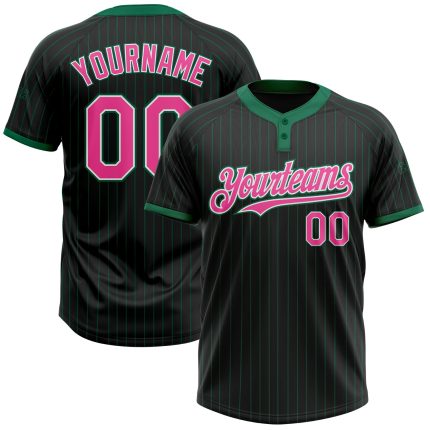 Personalized Unisex Softball Jersey - Black Kelly Green Pinstripe, Pink-White, Two-Button Personalized Black Kelly Green