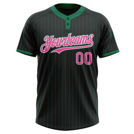 Custom Softball Jersey with Name and Number, Unisex, Two-Button, Black Kelly Green Pinstripe, Pink-White - Personalized Team Apparel
