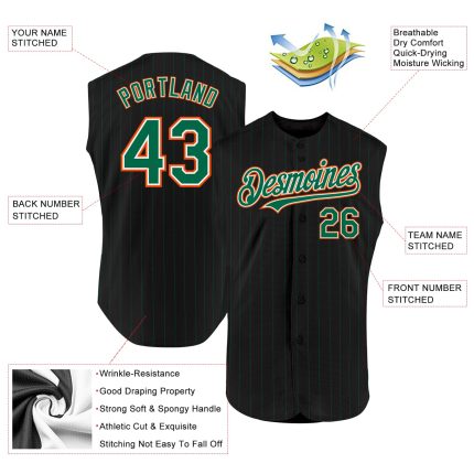 Custom Black Kelly Green Pinstripe Sleeveless Baseball Jersey White-Orange Personalized Black Kelly Green Pinstripe White-Orange