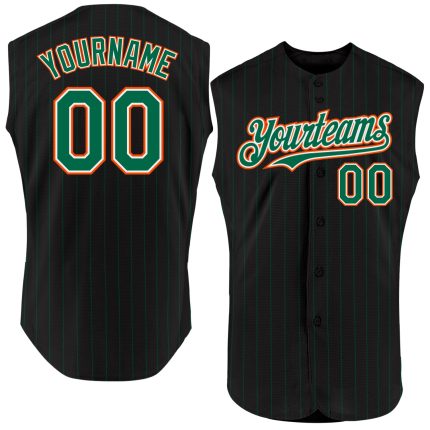 Custom Black Kelly Green Pinstripe Sleeveless Baseball Jersey White-Orange Personalized Black Kelly Green Pinstripe White-Orange