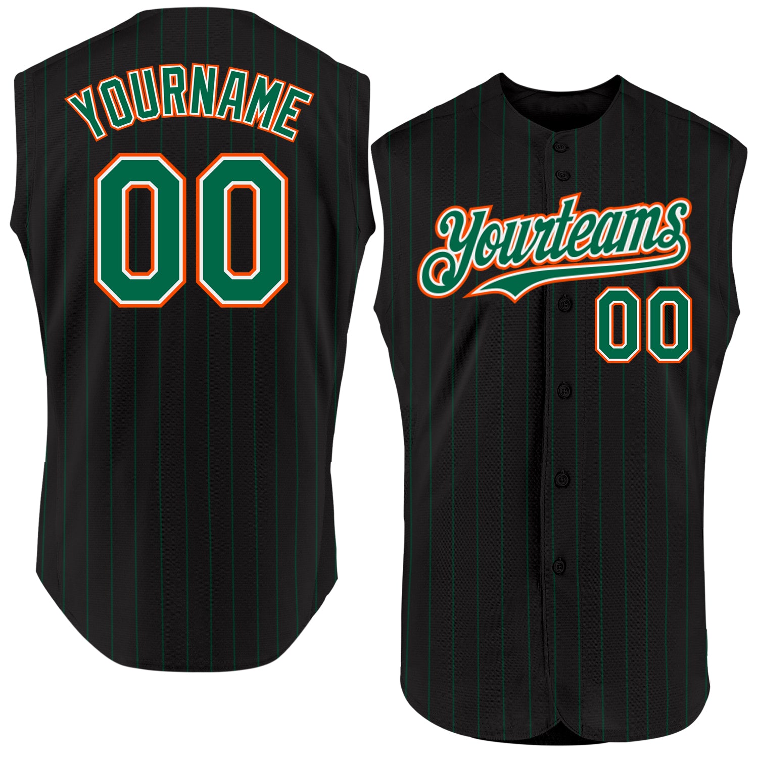Custom Black Kelly Green Pinstripe Sleeveless Baseball Jersey White-Orange Personalized Black Kelly Green Pinstripe White-Orange