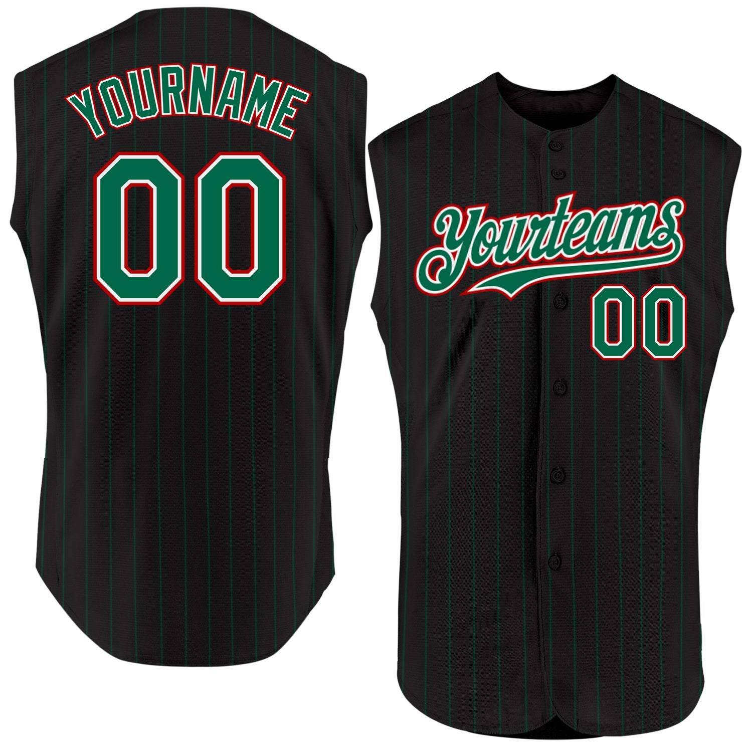 Personalized Black Green Pinstripe Baseball Jersey - Red White Sleeveless Personalized Black Kelly Green Pinstripe White-Red