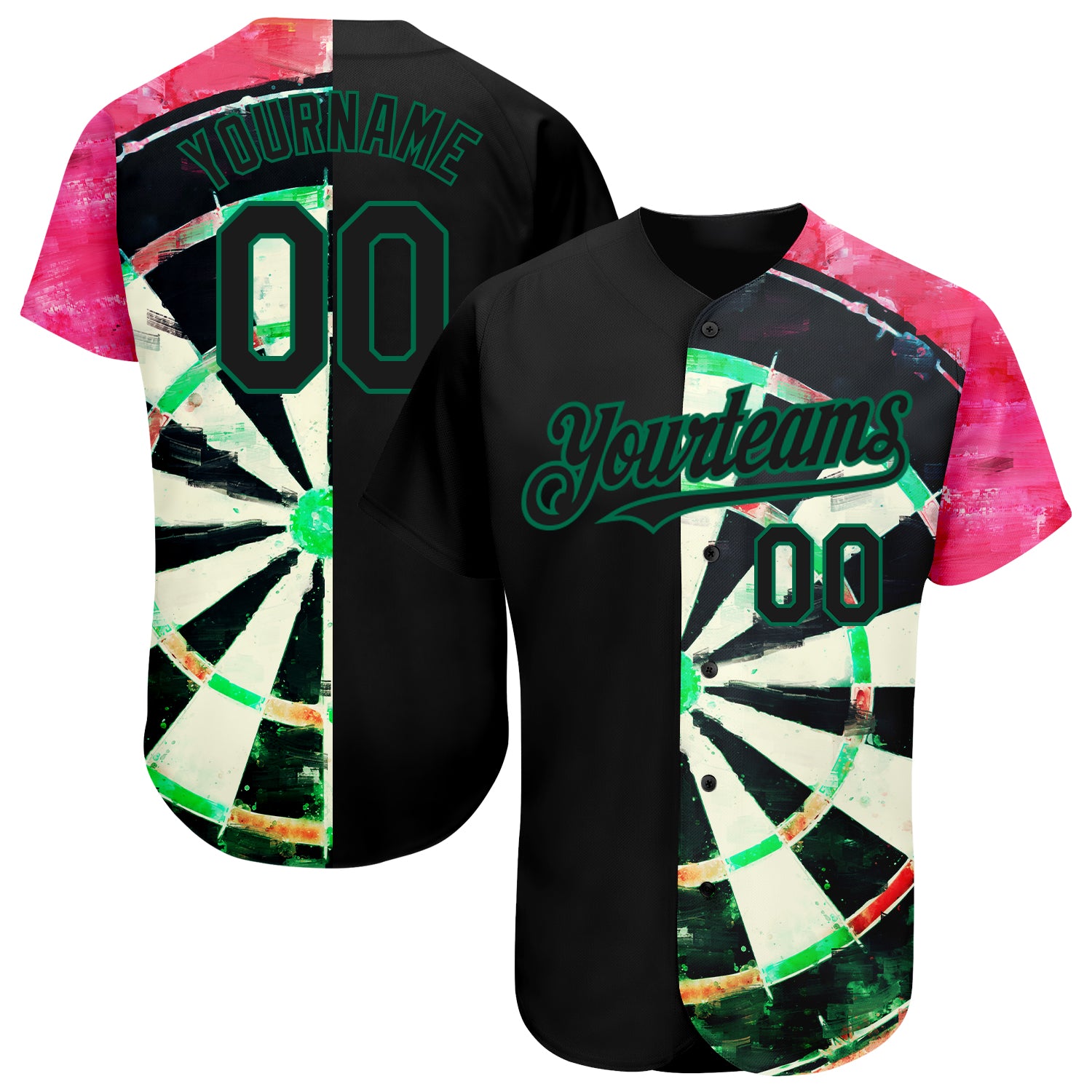 Personalized 3D Dart Board Baseball Jersey in Black Kelly Green-Red Personalized Black Kelly Green-Red 3D Dart Board Baseball