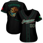 Custom Name Number Authentic Mexican Flag Baseball Jersey - Personalized Black Kelly Green and Red Design Personalized Black
