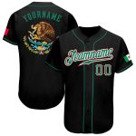 Custom Name Number Authentic Mexican Flag Baseball Jersey - Personalized Black Kelly Green and Red Design Personalized Black