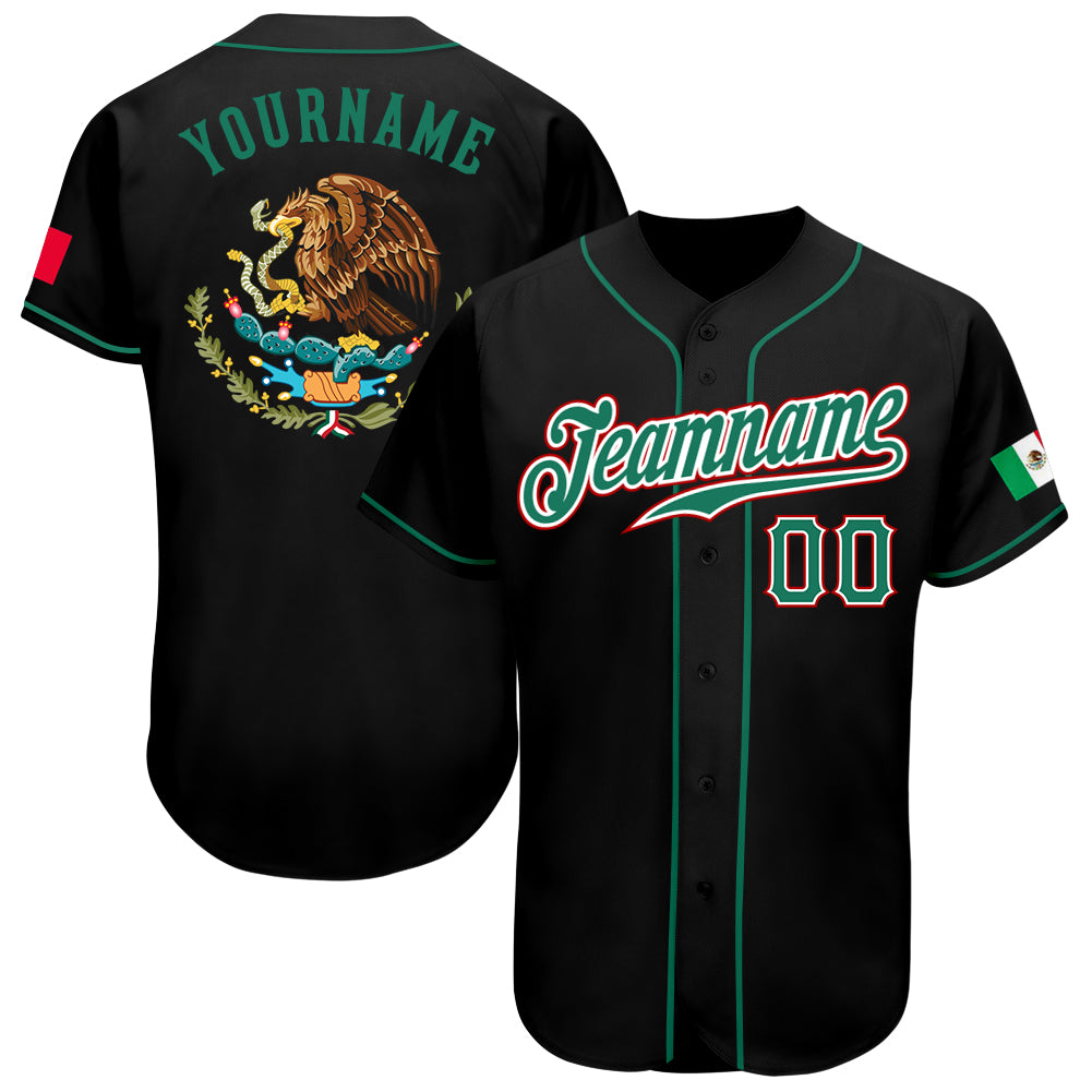 Custom Name Number Authentic Mexican Flag Baseball Jersey - Personalized Black Kelly Green and Red Design Personalized Black