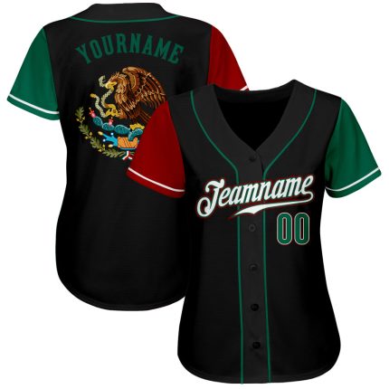 Custom Mexico Baseball Jersey - Two Tone Black Kelly Green-Red with Personalized Name and Number Personalized Black Kelly