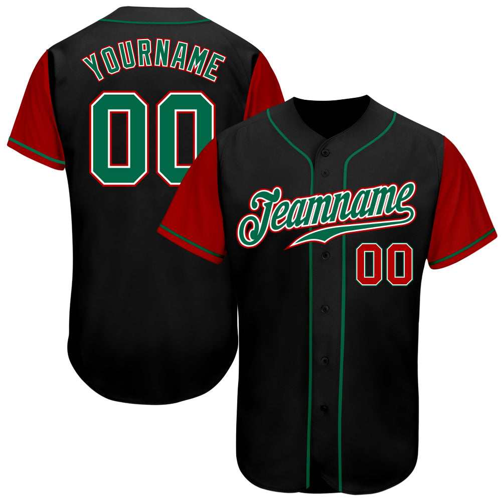 Custom Name and Number Baseball Jersey - Personalized Two Tone Black Kelly Green-Red Authentic Personalized Black Kelly Green-Red