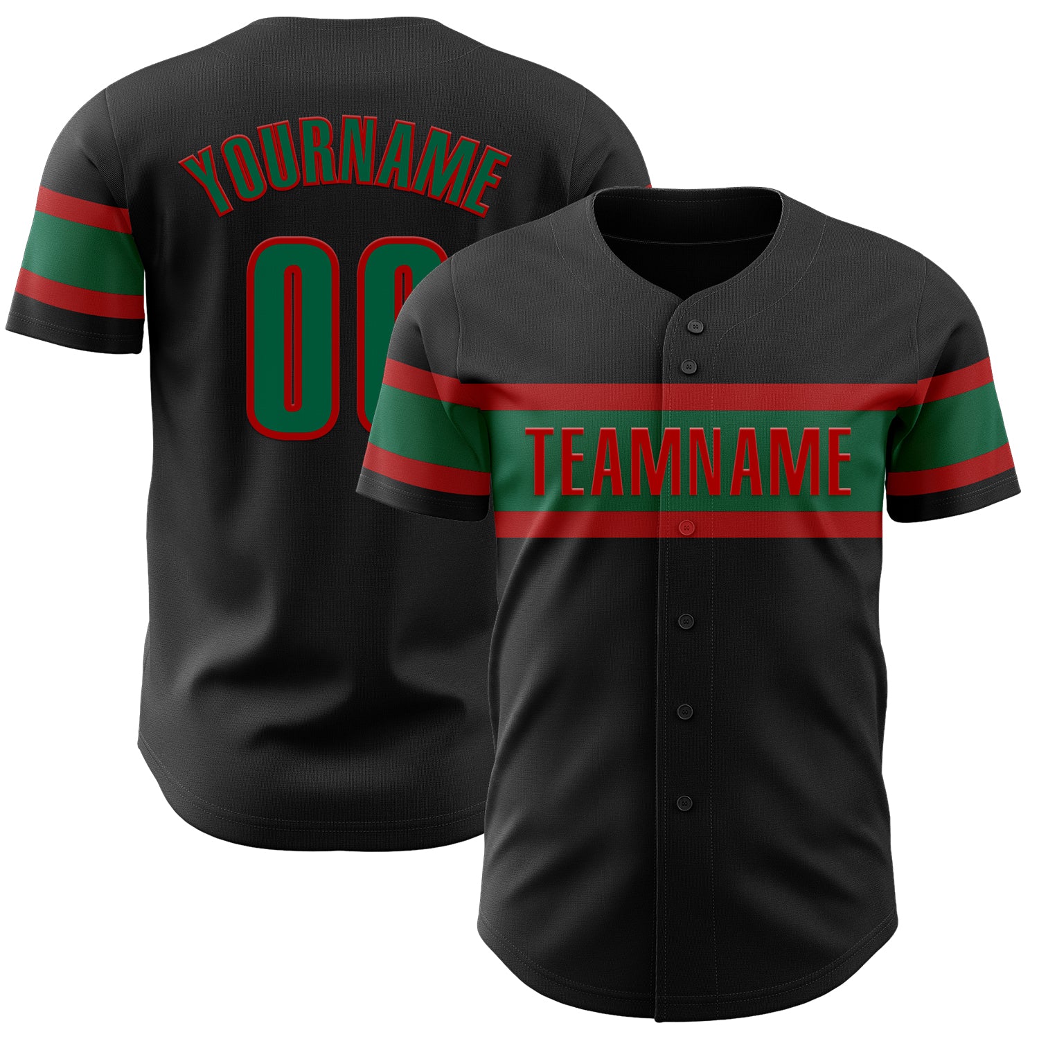Personalized Baseball Jersey in Black Kelly Green-Red for Custom Team Wear - Size 3 Personalized Black Kelly Green-Red Baseball