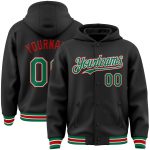 Custom Personalized Varsity Letterman Hoodie Jacket with Name and Number - Black Kelly Green-Red Full-Snap Bomber Personalized
