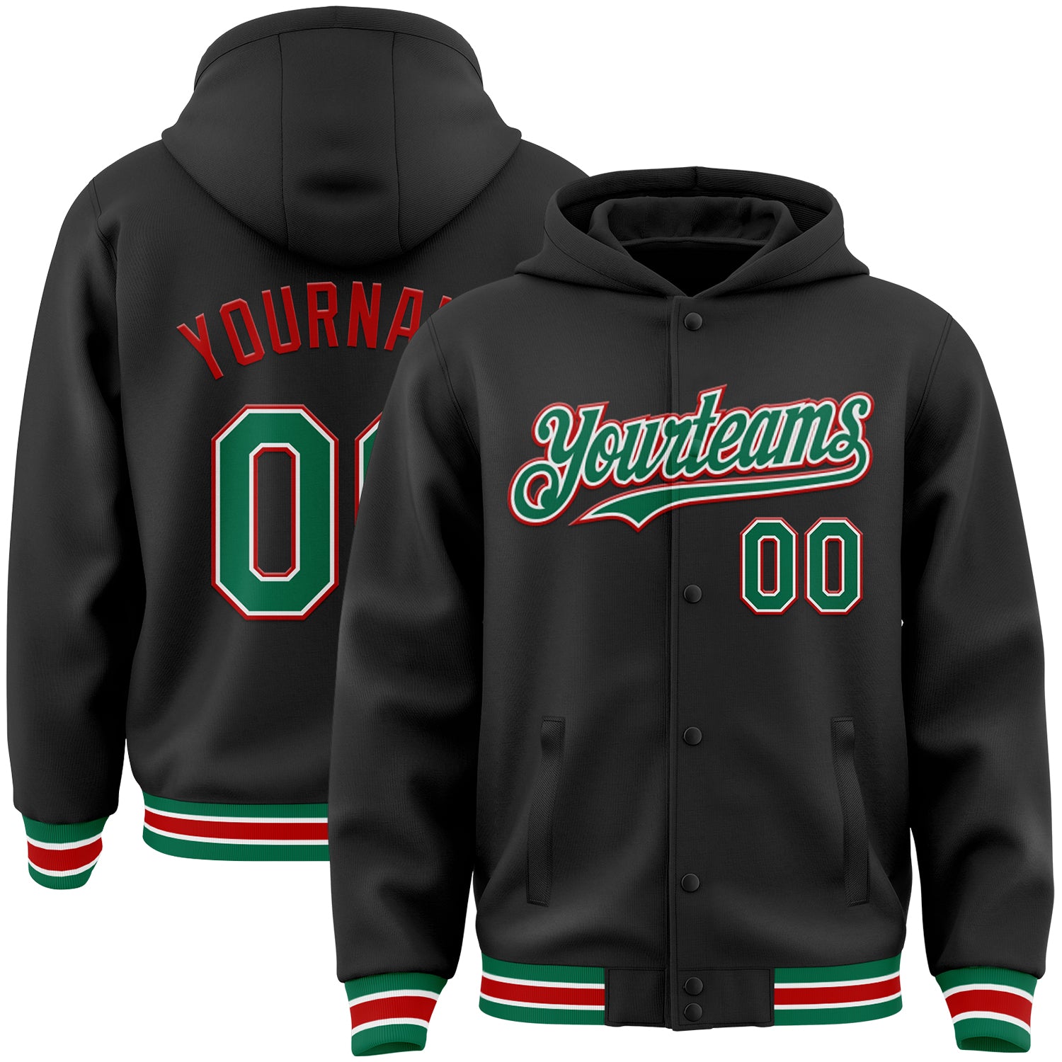 Custom Personalized Varsity Letterman Hoodie Jacket with Name and Number - Black Kelly Green-Red Full-Snap Bomber Personalized