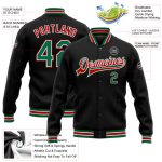 Personalized Black Varsity Letterman Bomber Jacket with Kelly Green and Red Details Personalized Black Kelly Green-Red Bomber