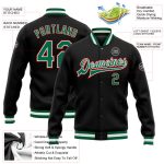 Custom Bomber Jacket in Black Kelly Green-Red Full-Snap Varsity Style Personalized Black Kelly Green-Red Bomber Full-Snap