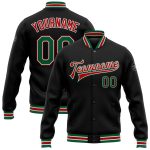 Personalized Bomber Jacket in Black Kelly Green-Red, Full-Snap Varsity Letterman Style Personalized Black Kelly Green-Red