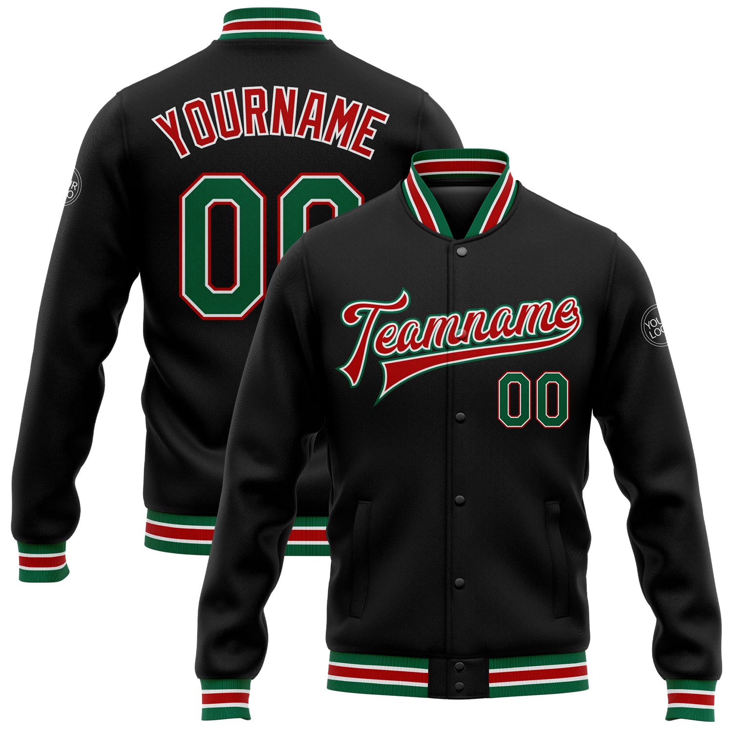Personalized Bomber Jacket in Black Kelly Green-Red, Full-Snap Varsity Letterman Style Personalized Black Kelly Green-Red