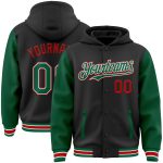 Personalized Two Tone Bomber Hoodie Jacket Black Kelly Green Red Full-Snap Varsity Style Personalized Black Kelly Green-Red
