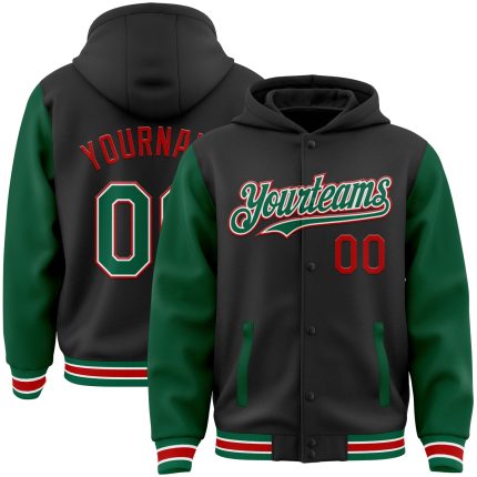 Personalized Two Tone Bomber Hoodie Jacket Black Kelly Green Red Full-Snap Varsity Style Personalized Black Kelly Green-Red