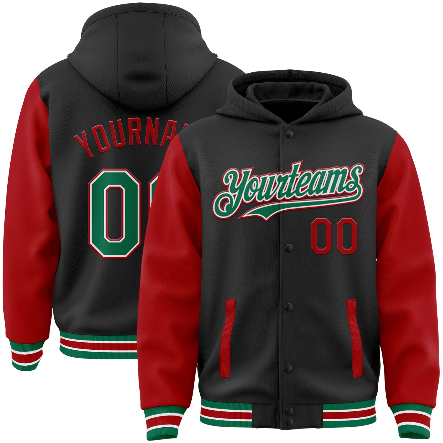 Custom Team Name Number Black Green Red Two Tone Varsity Bomber Hoodie Jacket Full-Snap Letterman Personalized Black Kelly
