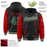 Custom Team Name Number Black Green Red Two Tone Varsity Bomber Hoodie Jacket Full-Snap Letterman Personalized Black Kelly