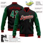 Personalized Varsity Letterman Bomber Jacket in Black Kelly Green and Red, Full-Snap Two Tone Design Personalized Black Kelly