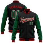 Personalized Varsity Letterman Bomber Jacket in Black Kelly Green and Red, Full-Snap Two Tone Design Personalized Black Kelly