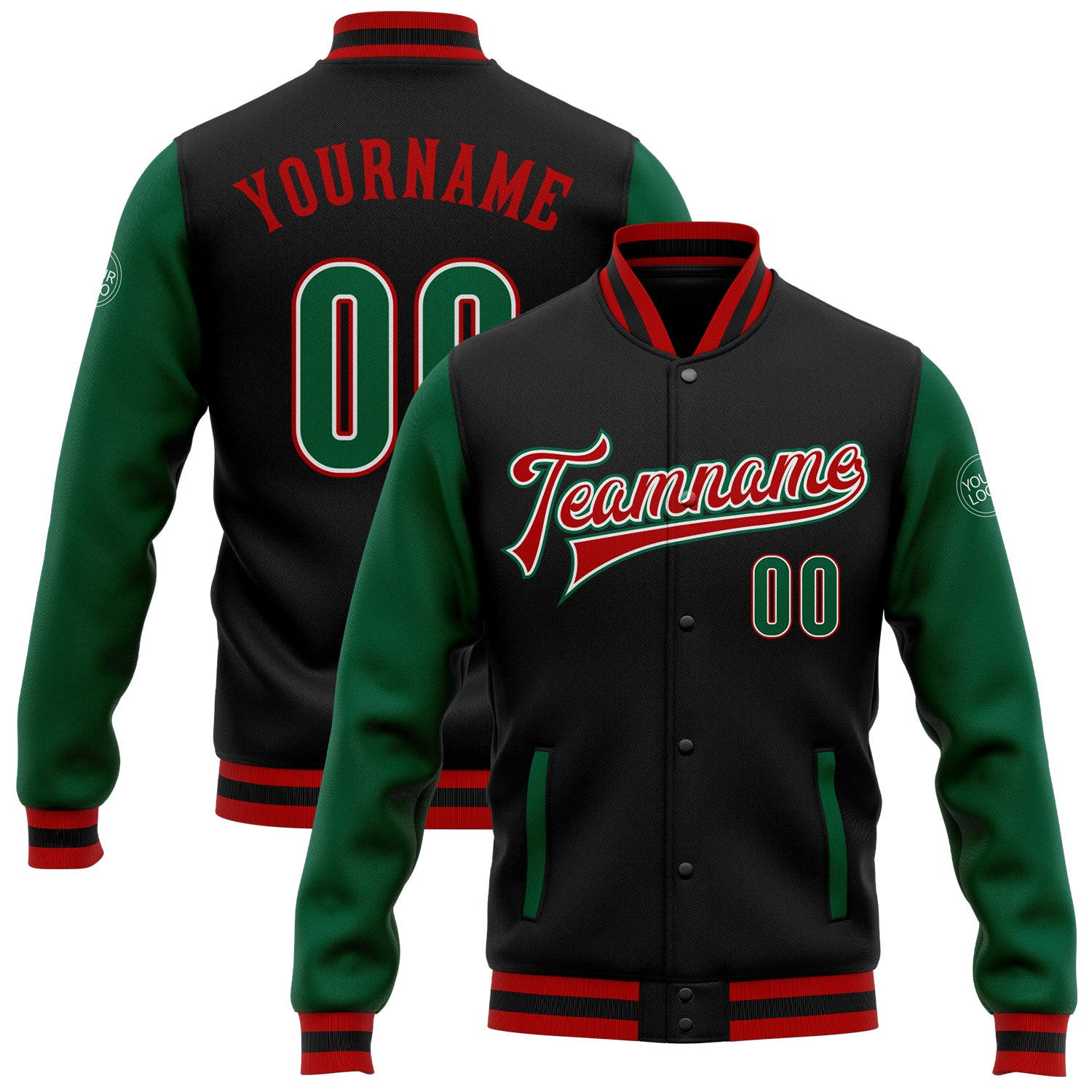 Personalized Varsity Letterman Bomber Jacket in Black Kelly Green and Red, Full-Snap Two Tone Design Personalized Black Kelly