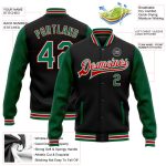 Personalized Bomber Jacket in Black Kelly Green and Red Two Tone - Full-Snap Varsity Letterman Style Personalized Black Kelly