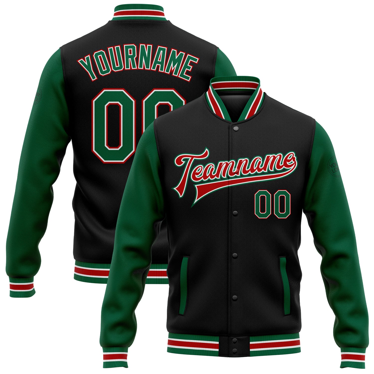 Personalized Bomber Jacket in Black Kelly Green and Red Two Tone - Full-Snap Varsity Letterman Style Personalized Black Kelly