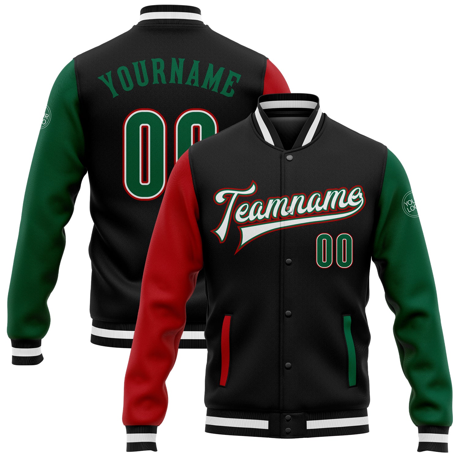 Personalized Two Tone Bomber Jacket in Black Kelly Green-Red Full-Snap Varsity Letterman Style Personalized Black Kelly Green-Red