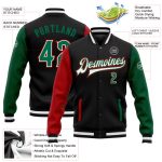 Personalized Two Tone Bomber Jacket in Black Kelly Green-Red Full-Snap Varsity Letterman Style Personalized Black Kelly Green-Red