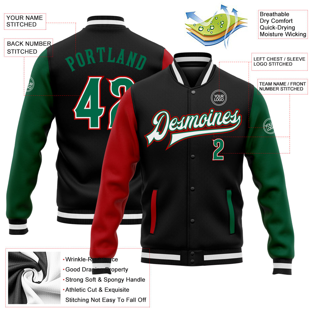 Personalized Two Tone Bomber Jacket in Black Kelly Green-Red Full-Snap Varsity Letterman Style Personalized Black Kelly Green-Red - Image 5