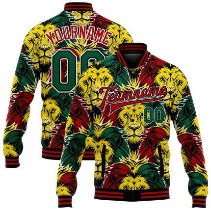 Customizable Black Green Red Gold 3D Lion Bomber Jacket for Black History Month with Custom Name and Number - Varsity Letterman Style