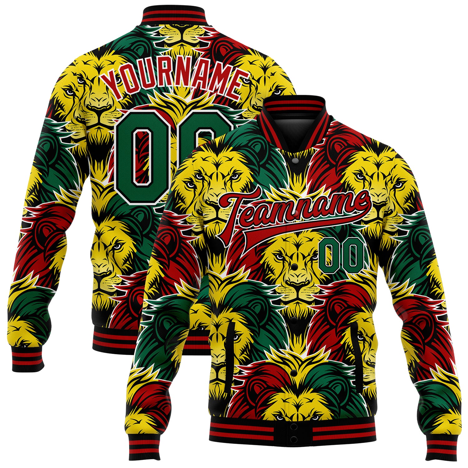 Customizable Black Green Red Gold 3D Lion Bomber Jacket for Black History Month with Custom Name and Number - Varsity Letterman Style