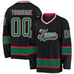 Personalized Black Hockey Jersey with Kelly Green and Red Trim - Custom Sports Apparel Personalized Black Kelly Green-Red