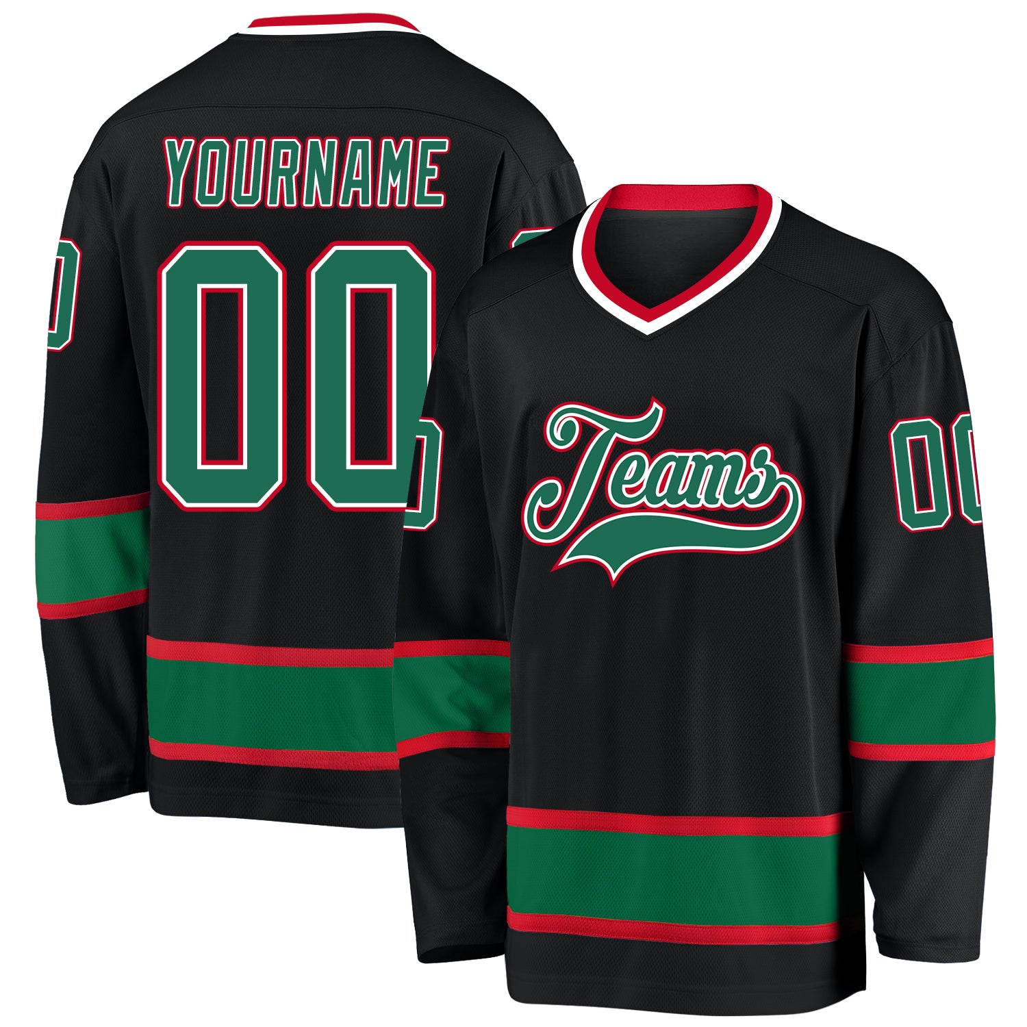 Personalized Black Hockey Jersey with Kelly Green and Red Trim - Custom Sports Apparel Personalized Black Kelly Green-Red