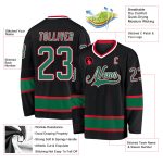 Personalized Black Hockey Jersey with Kelly Green and Red Trim - Custom Sports Apparel Personalized Black Kelly Green-Red