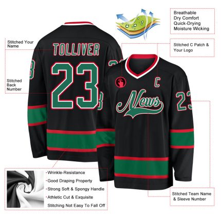 Personalized Black Hockey Jersey with Kelly Green and Red Trim - Custom Sports Apparel Personalized Black Kelly Green-Red