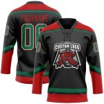 Custom Name and Number Black Green Red Hockey Lace Neck Jersey - Personalized Team Apparel Personalized Black Kelly Green-Red