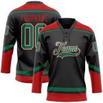 Custom Name and Number Black Green Red Hockey Lace Neck Jersey - Personalized Team Apparel Personalized Black Kelly Green-Red