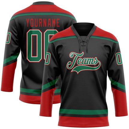 Custom Name and Number Black Green Red Hockey Lace Neck Jersey - Personalized Team Apparel Personalized Black Kelly Green-Red