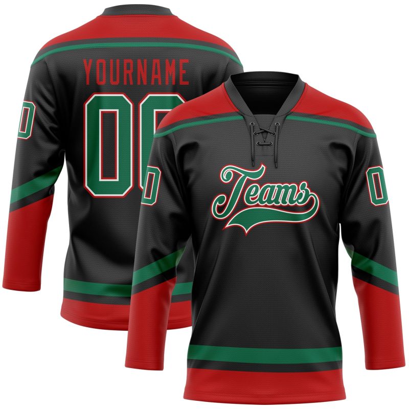 Personalized Hockey Lace Neck Jersey in Black and Kelly Green-Red Personalized Black Kelly Green-Red Hockey Lace Neck Jersey